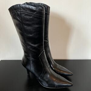 Y2K Bandolino Astrid Tall Black Genuine Leather Heel Pointed Toe Boots 5.5M